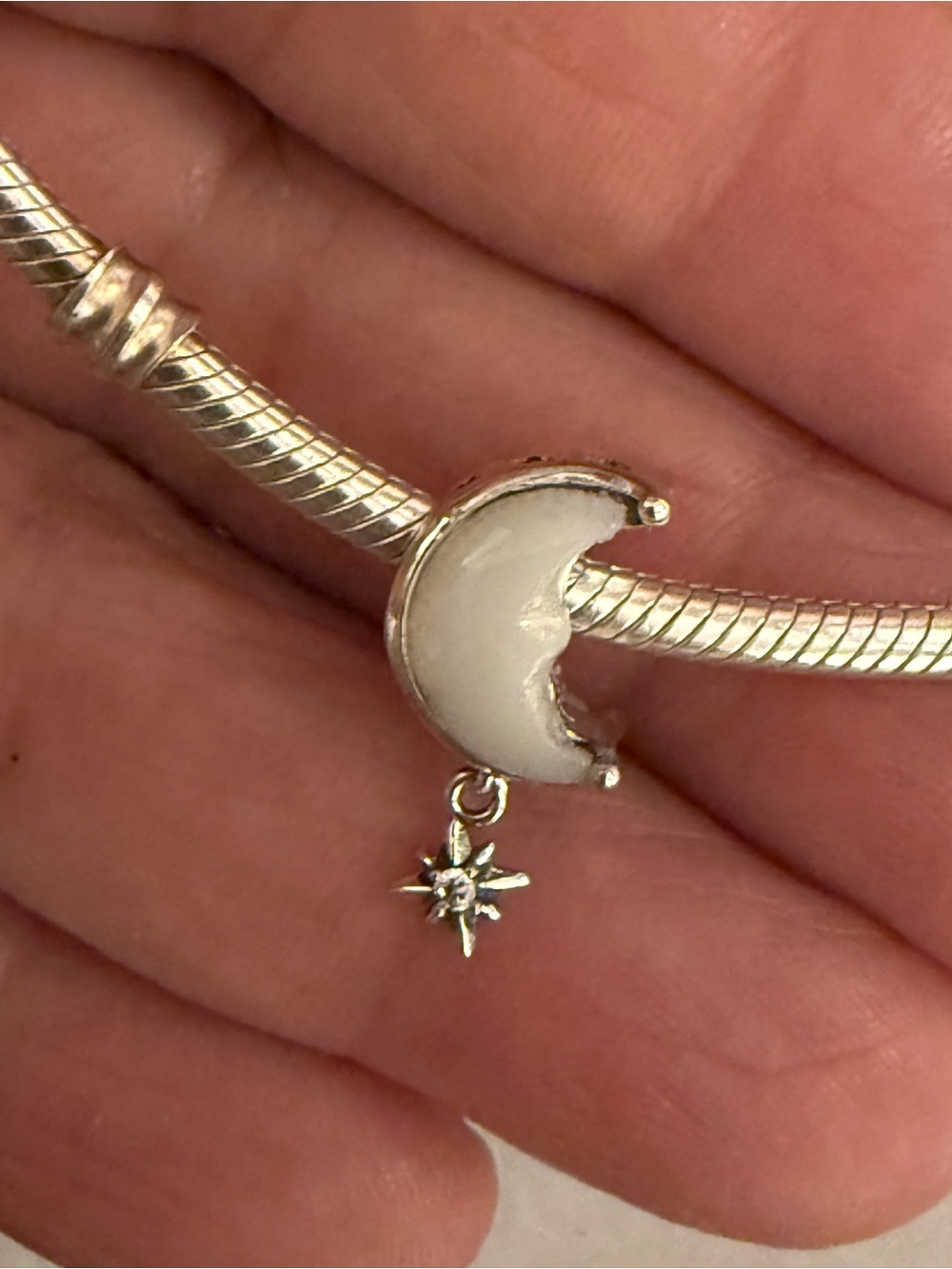 Pandora Silver Moon Charm with White Enamel and Star Dangle